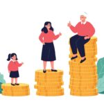 Ilustração de três pessoas em pé sobre moedas com selo de precatório