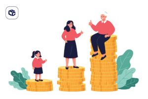 Ilustração de três pessoas em pé sobre moedas com selo de precatório