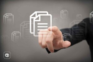 Mão de empresário tocando ícone de documentos digitais em tela, relacionado a RPV