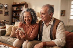 Casal idoso rindo enquanto olha para um smartphone no sofá